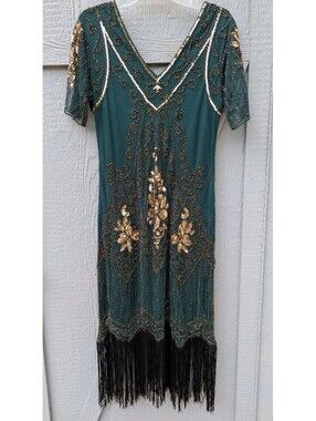 Babeyond 1920's Inspired Flapper Dress Women's Size L Green W/Gold , Blk Tassels